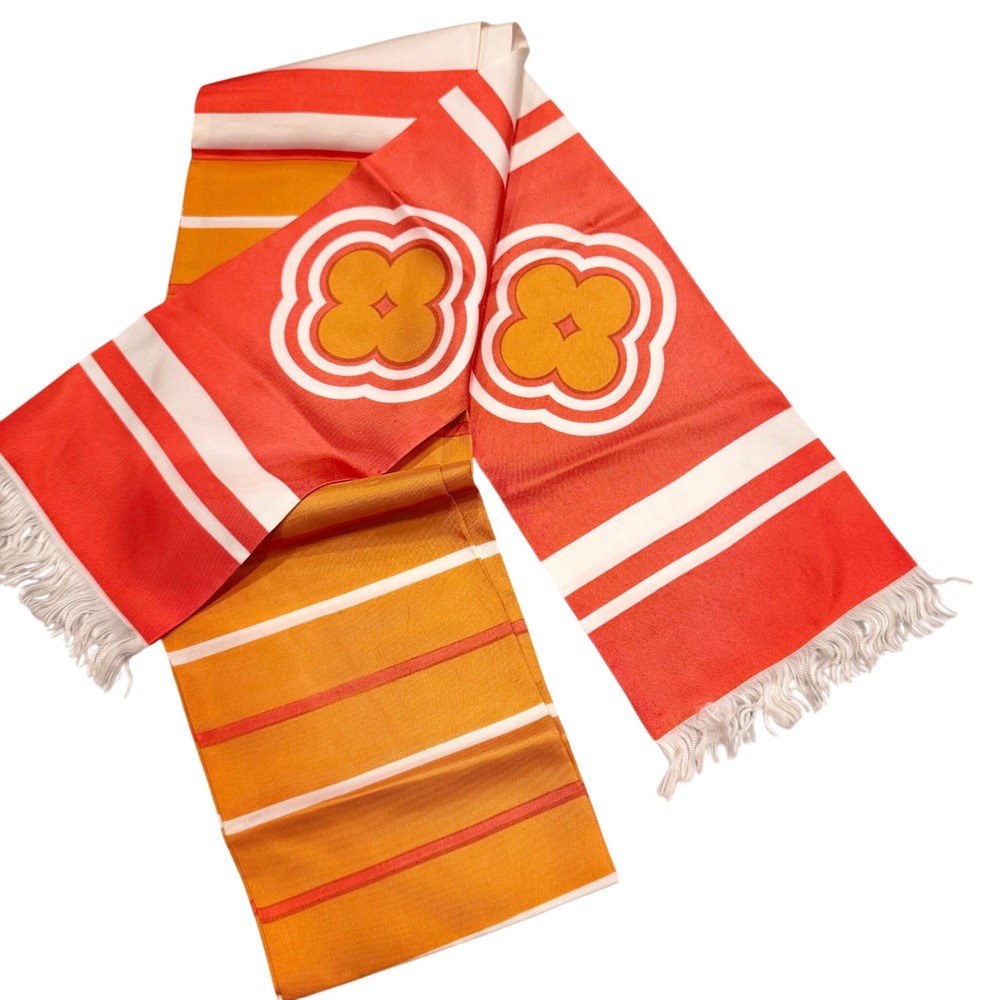 Vintage Japanese Obi Orange‎ Stripe Acetate Scarf with Floral Medallion 70x5.5"